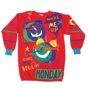 Vtg JOYE FUN Wake Up Alarm Clock Monday Morning Red Sweater Cotton sz S /574